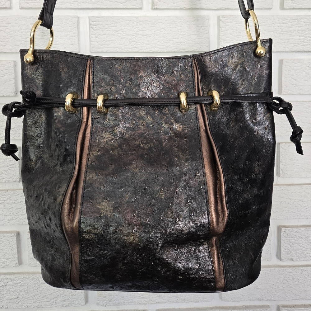 Beautiful Leather Brown And Bronze Women's Shoulder Bag With Brass Accents